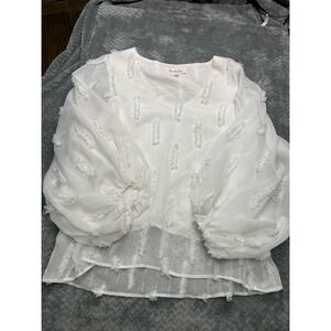 Vine & Love White Eyelash Fringe Metallic‎ Stripe Puff Sleeve Blouse VT31310L L